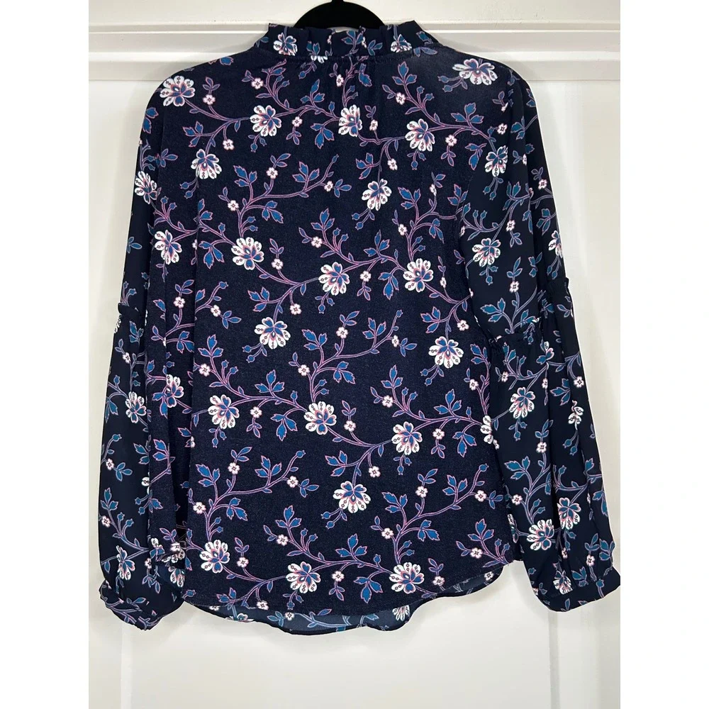 LOFT Navy Blue Floral Ruffle‎ Split Neck Long Sleeve Blouse XS Navy Pink Teal